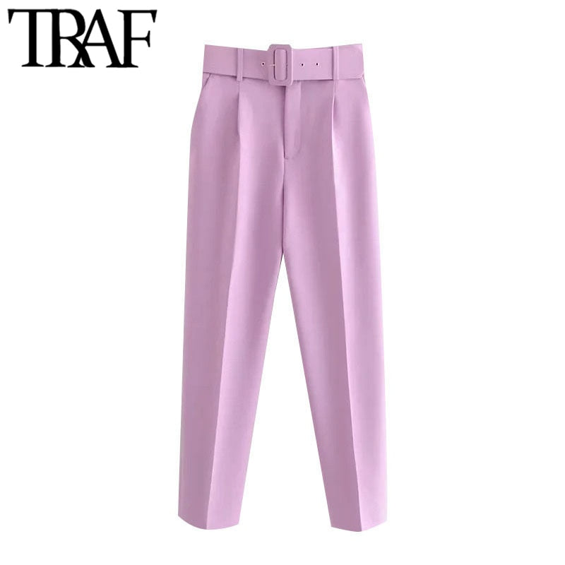 TRAF Women Fashion With Belt Side Pockets Office Wear Pants Vintage High Waist Zipper Fly Female Ankle Trousers Mujer