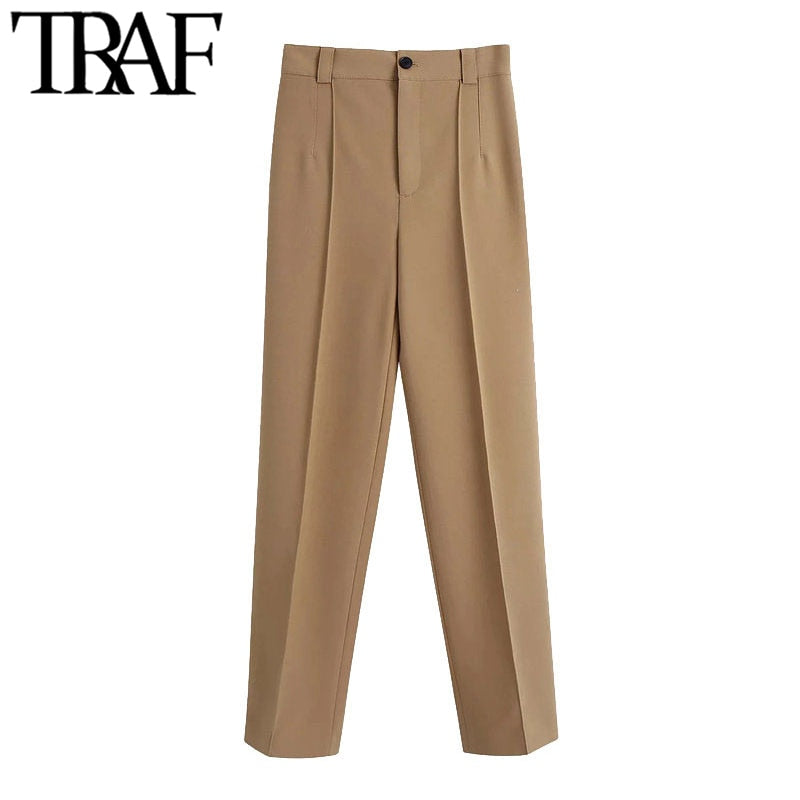 TRAF Women Fashion With Seam Detail Straight Pants Vintage High Waist Zipper Fly Office Wear Female Trousers Mujer