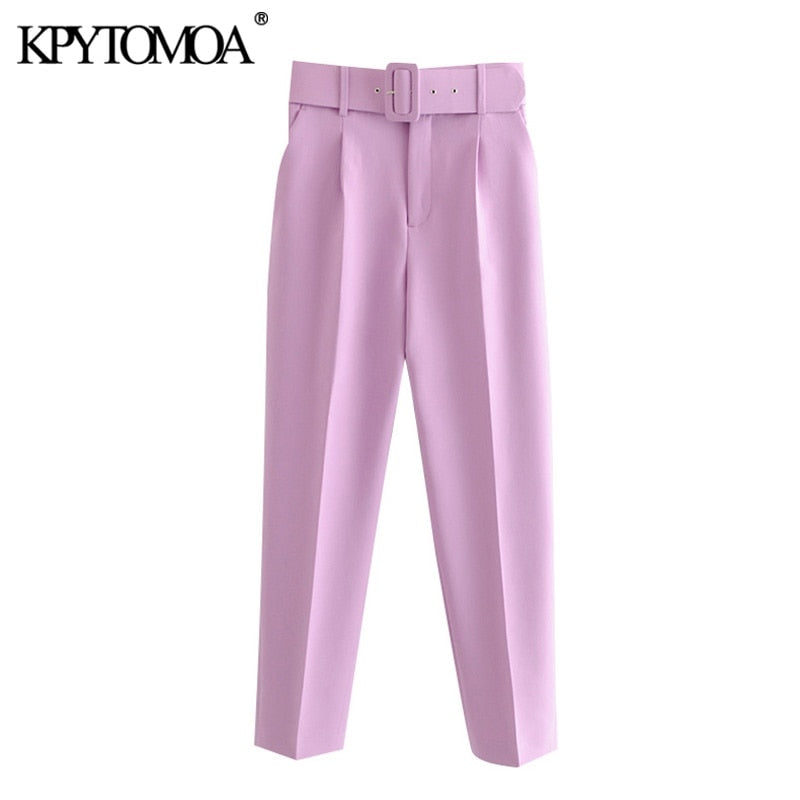KPYTOMOA Women 2021 Chic Fashion High Waist With Belt Pants Vintage Zipper Fly Pockets Office Wear Female Ankle Trousers Mujer