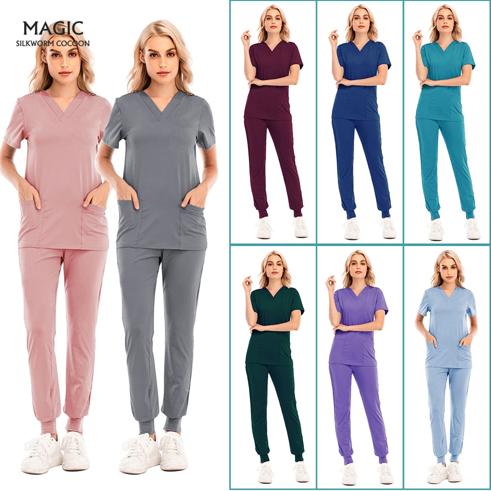 Wholesale Fashion Scrub Suits Hospital Uniform Set Solid Color Unisex Surgical Gown Pocket V-neck Scrubs Set for Women Joggers