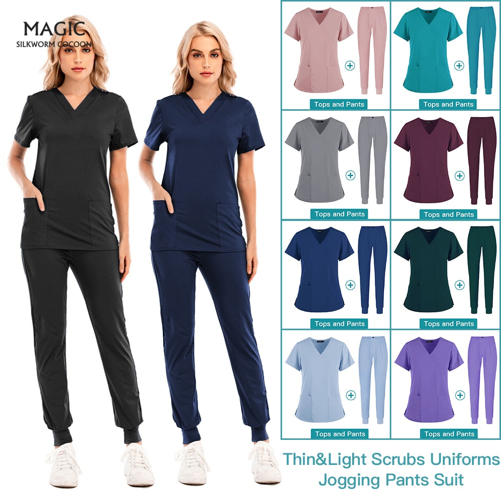Unisex Scrub Suits Scrubs Set for Women Joggers Tops+pants Hospital Doctor Nursing Uniform V-neck Solid Color Surgical Workwear